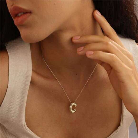 ✨ Bubble Gold Initial Necklace | 14K Gold Plated | Custom Balloon Letter Pendant - Picture 3 of 5